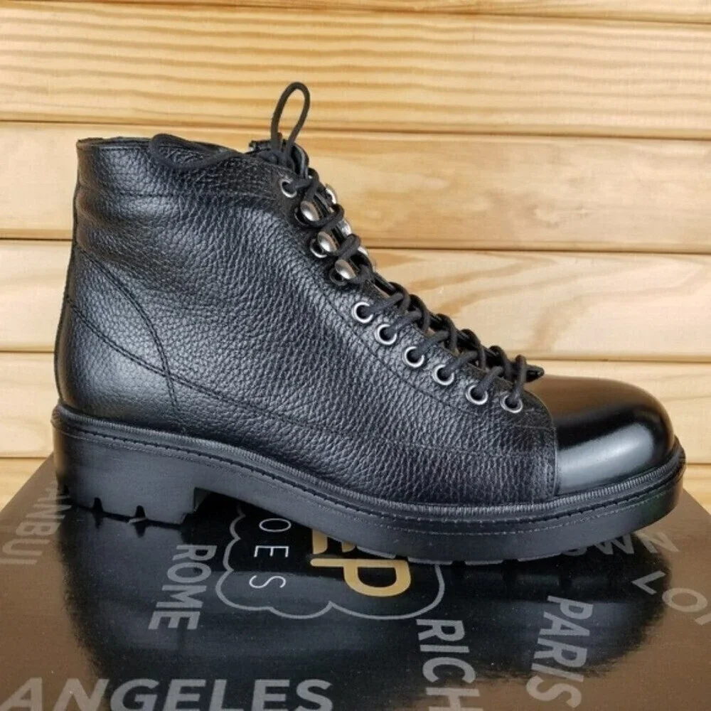 Men's 9M 100% Genuine Leather Black Ankle Boots by Paul Branco Side Zip Lace-up